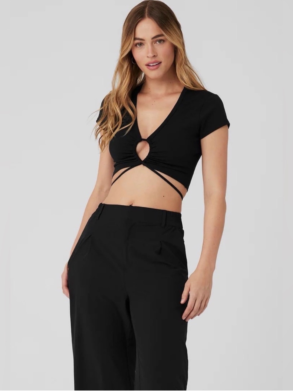 Alo Yoga Black Airbrush Keyhole Criss Cross Crop Top